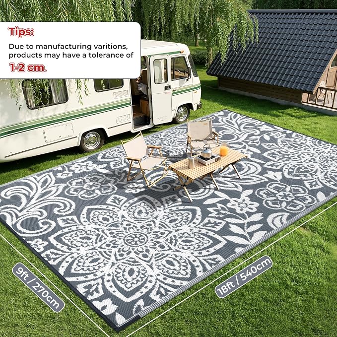 Findosom Waterproof Outdoor Rug 9' x 18' - Reversible Mandala Outdoor Plastic Straw Rug, Durable Foldable Patio Rug for RV, Deck, Balcony, Backyard, Picnic, Porch, Camping, Beach, Gray
