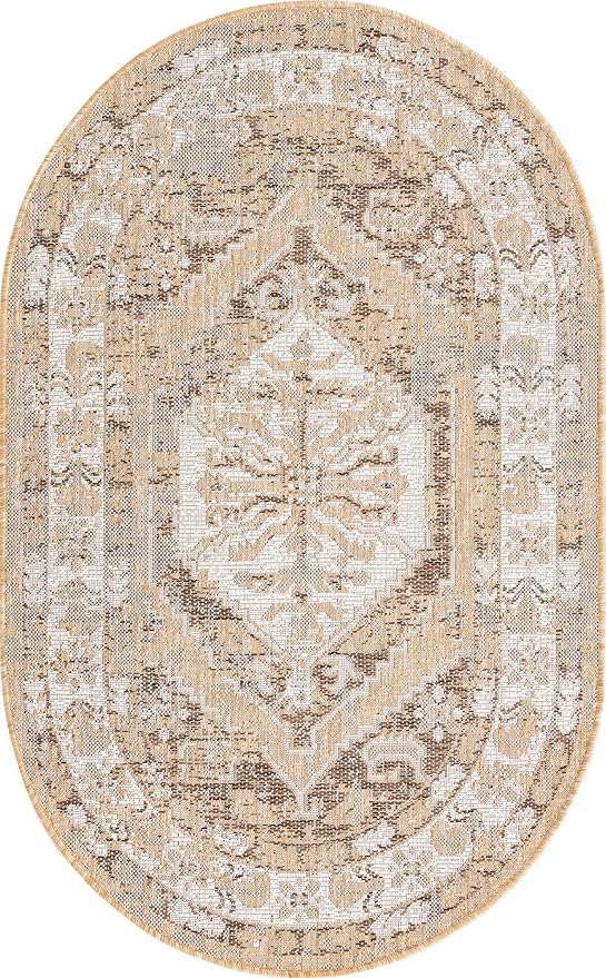 Unique Loom Outdoor Traditional Collection Area Rug - Valeria (3' 1" x 5' 3" Oval, Natural/ Ivory)