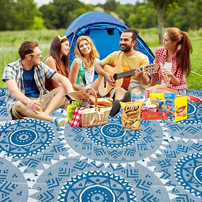Alfolo Patio Rugs Outdoor 8x10 Waterproof Plastic Straw Reversible Outdoor Rugs for Deck,Backyard,RV Camping,Poolside, Stain & UV Resistant Fade Proof Portable Boho Blue & White Outdoor Mat