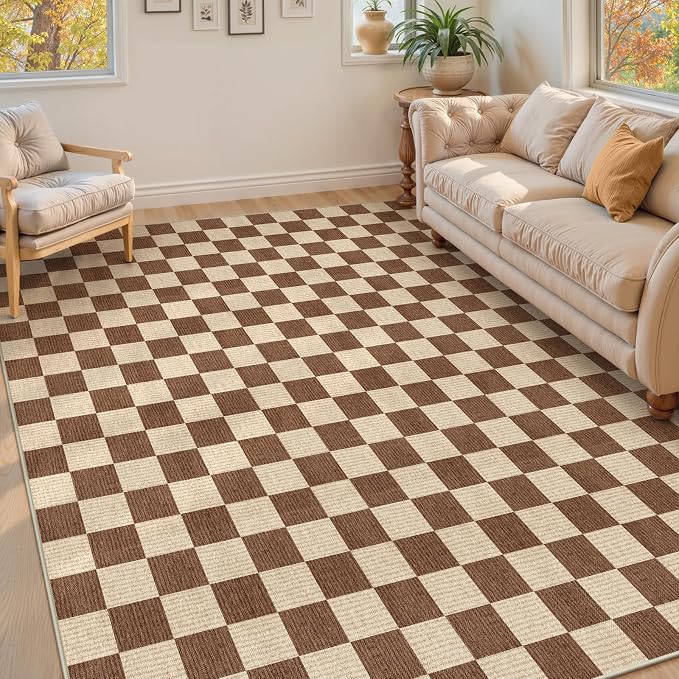 LIVEBOX 8x10 Area Rugs for Living Room, Checkered Non-Slip Washable Rugs, Farmhouse Neutral Classic Geometric Pattern Large Boys Area Rug for Bedroom, Carpet for Dining Room Office(Dark Brown,8'x10')