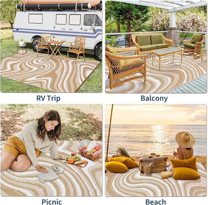 Garvee Porch Rugs Outdoor Waterproof 9x18 Outdoor Camping Rug, Modern Plastic Straw Rugs with Portable Bag, Foldable Reversible UV Resistant Outside Rug for Picnic Backyard Deck RV, Light Brown