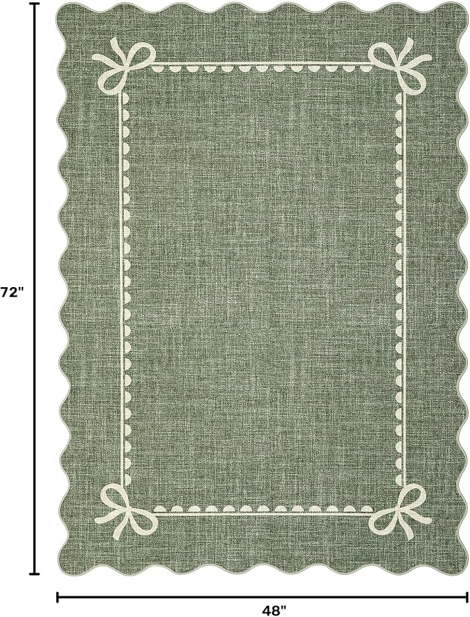 GarveeHome Scalloped Bow Rug 4x6 Washable Green Rug for Bedroom Living Room | Non Slip Soft Low Pile Indoor Carpet for Nursery Girls Bedroom Decor Hallway Kids Room College Dorm Playroom