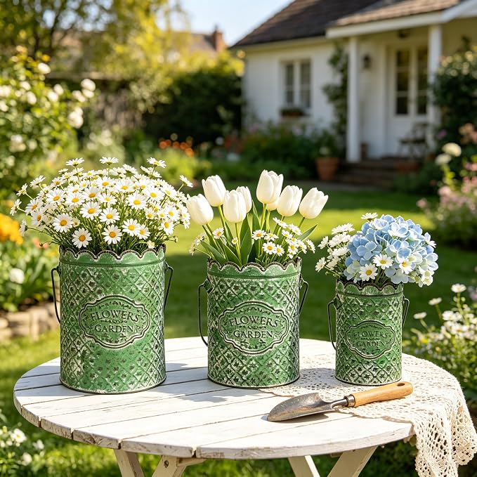 Set of 3 Vintage Distressed Metal Planter Rustic "Flowers and Garden" Embossed Flower Pots with Scalloped Edge & Handle Farmhouse Decorative Floral Buckets for Dried Flowers, Home Garden Decor (Green)