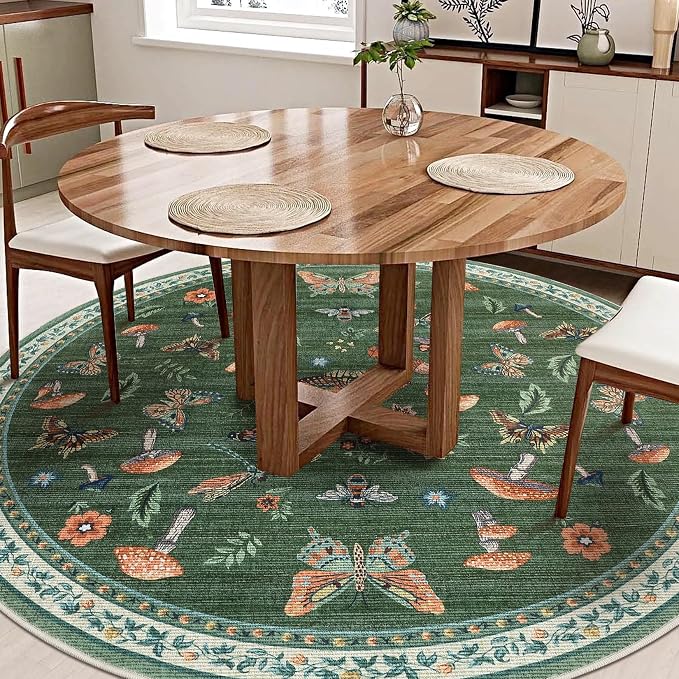 Mushroom Insect 8ft Round Rug Washable Non-Slip Soft Ultra-Thin Large Boho Circle Carpet for Entryway Kitchen Bedroom Nursery Dining Room Green