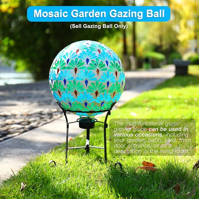 SAVENNA Mosaic Garden Gazing Ball 10 Inch, Glass Decorative Sphere for Indoor & Outdoor Garden, Patio, Home & Yard, Blue & Green Leaf Pattern