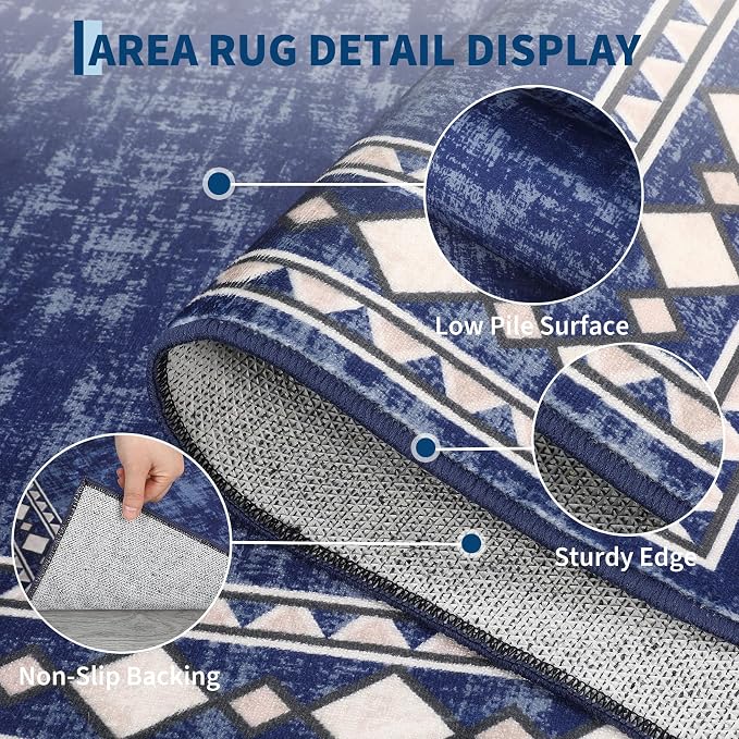 Garvee 8x10 Vintage Border Washable Rugs for Living Room Bedroom Rug, Blue | Boho Area Rug Stain Resistant Easy Cleaning Throw Rugs Low Pile Floor Cover for Nursery Dining Room Apartment