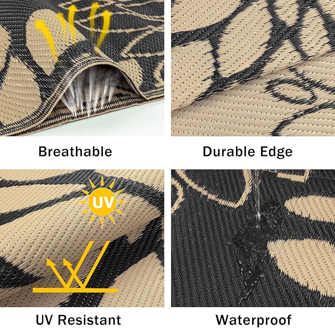 Ileading Waterproof Outdoor Rug 5x8, Reversible Plastic Straw Patio Rug, Portable Indoor Outdoor RV Camping Mat Carpet for Deck, Porch, Balcony, Backyard, Picnic, Floral Black