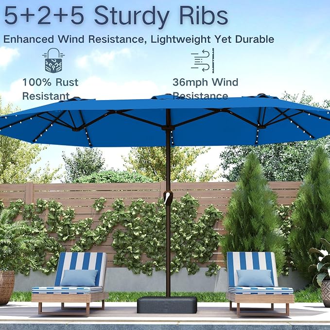 Kingdura 15ft Large Patio Umbrella with Solar Lights, Double-Sided Rectangle Outdoor Table Umbrella with Base Included, 12 Reinforced Ribs, 48 Led Lights, Crank Lift for Market Pool Deck, Royal blue