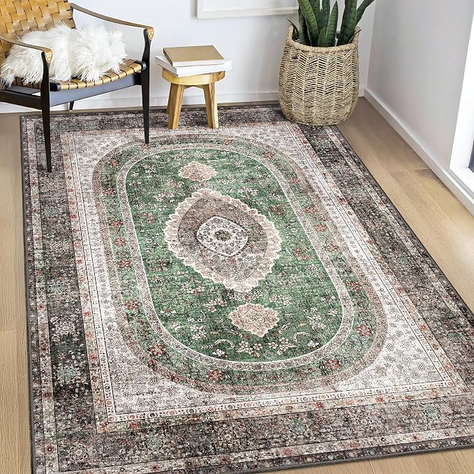 Green Rug 3x5,Washable Area Rugs for Bedroom Living Room Entryway | Small Boho Vintage Bohemian Distressed Oriental Non Slip Carpet