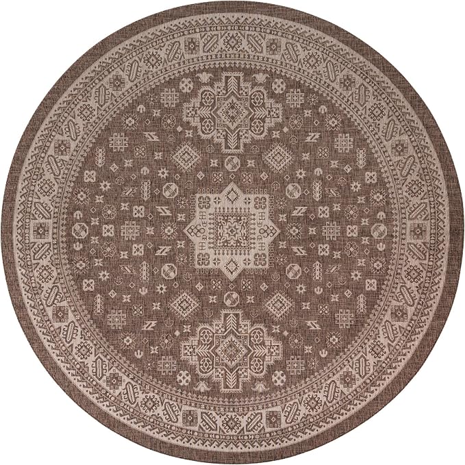 Unique Loom Outdoor Aztec Collection Area Rug - Chalca (13' Round, Brown/ Ivory)