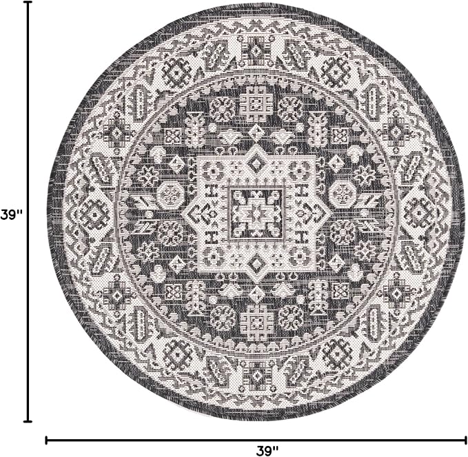 Unique Loom Outdoor Aztec Collection Area Rug - Chalca (3' 3" Round, Charcoal Gray/ Ivory)