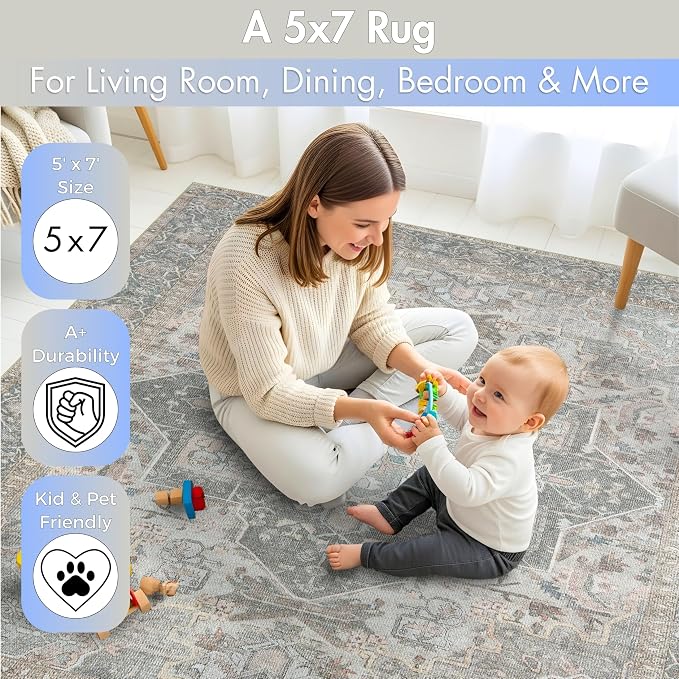 Sacred Artisans Vintage 5x7 Area Rug for Living Room, Dining Room and Office | Washable, Non Slip, Pet Friendly and Low Pile (Sierra, 5' x 7')