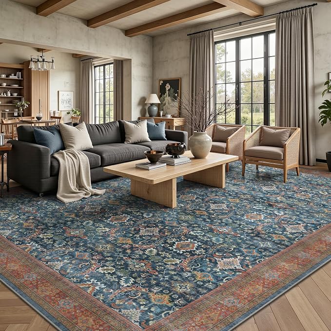 8x10 Area Rugs for Living Room - Washable Vintage Retro Large Rug, Soft Ultra Thin Non Slip Low Pile Traditional Distressed Boho Carpet for Bedroom Dining Room Home Office, Navy Rust