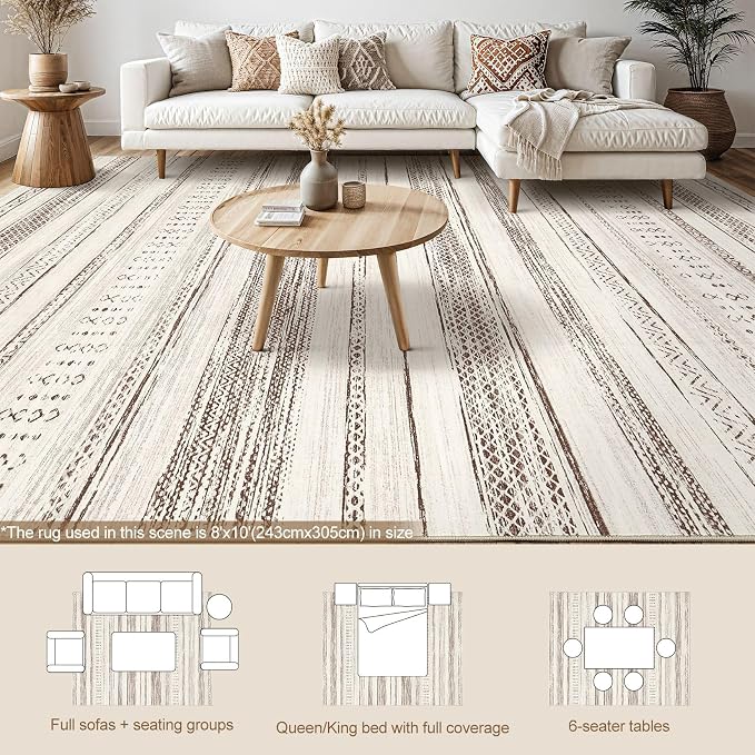 Tortania Area Rug Living Room Rugs - 8x10 Washable Large Soft Neutral Boho Moroccan Bohemian Farmhouse Rug Indoor Floor Carpet for Bedroom Under Dining Table Home Office Decor - Brown Beige