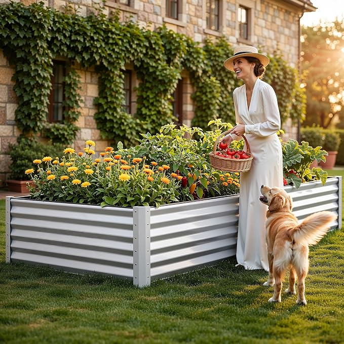 YITAHOME 8x4x1.5ft 2pcs Large Raised Garden Bed Kit, Galvanized Metal Planter Box with Gloves, Outdoor Above Ground Planters for Plants Vegetables Flowers, Silver Gray