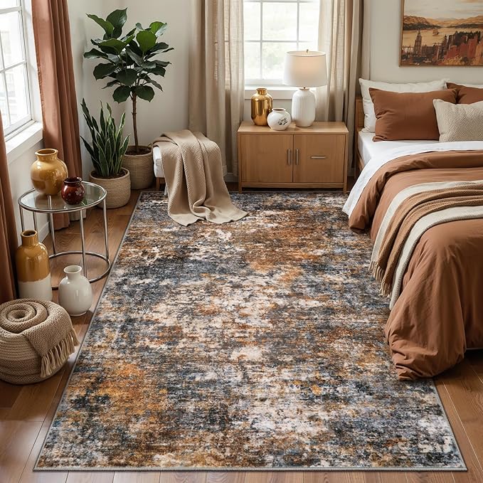Tangsoo Abstract 3x5 Washable Area Rug, Modern Non Slip Accent Rugs | Contemporary Print Indoor Carpet, Soft Low Pile Foldable Rugs for Living Room Bedroom Bedside Entryway Rust Grey Home Decor