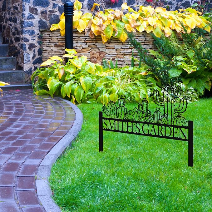 Customized Cactus Metal Garden Sign with Stakes, Garden Decoration Metal Sign, Personalized Gardener Family Name Sign, Cactus Yard Decor, Patio Decorative, Lawn Art, Farmhouse Garden, New Home Gift
