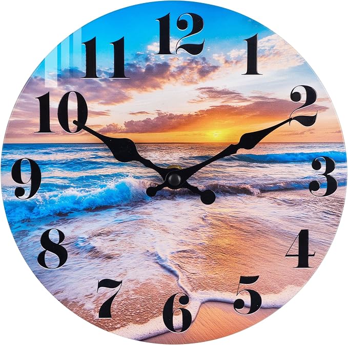 Wall Clock Battery Operated Beach Coastal Theme Indoor Outdoor Waterproof Decor for Bathroom Bedroom Patio Pool Home (8 Inch,Blue)