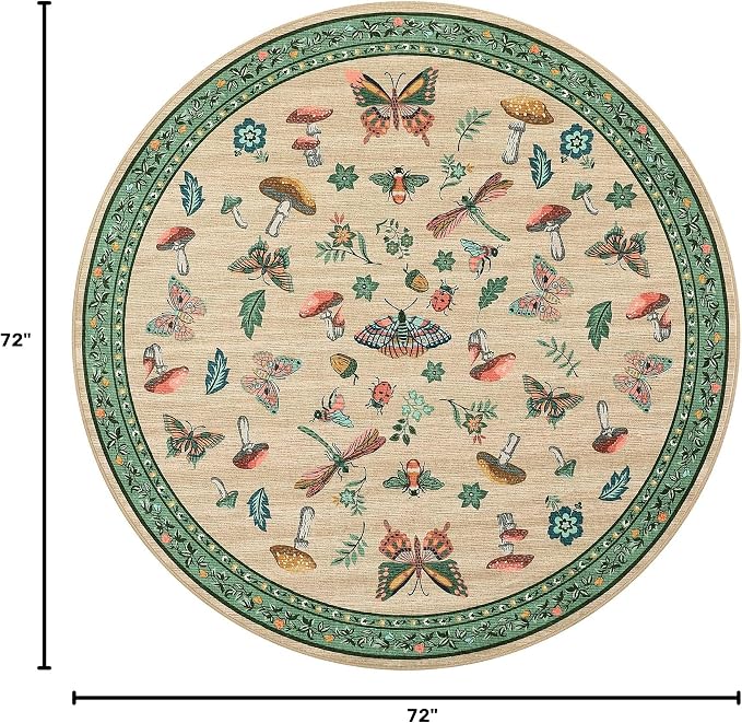 Mushroom Insect 6ft Round Rug Washable Non-Slip Soft Ultra-Thin Small Boho Circle Carpet for Entryway Kitchen Bedroom Nursery Dining Room Khaki Green