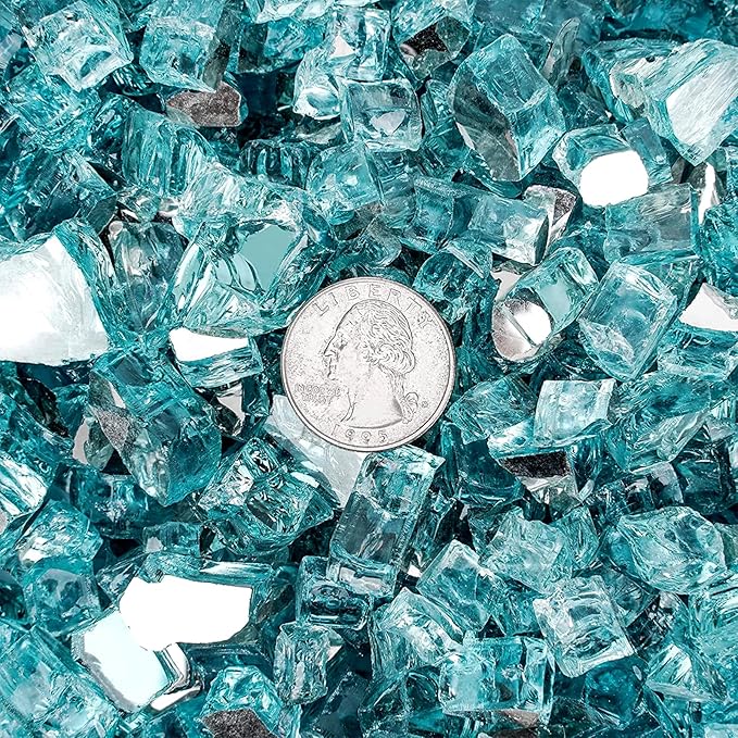 Onlyfire 10 lbs Fire Glass Rocks 1/4 Inch, Reflective Tempered Glass for Propane Fire Pit & Gas Fireplace, High Luster Firepit Glass Stones for Fire Table, Aqua Blue (Multicolor Options Available)