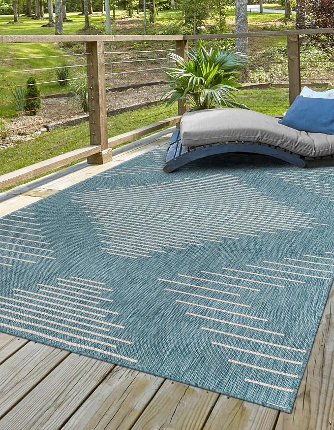 Unique Loom Outdoor Modern Collection Area Rug - Tambor (9' 10" x 13' 1" Rectangle, Light Aqua/ Ivory)