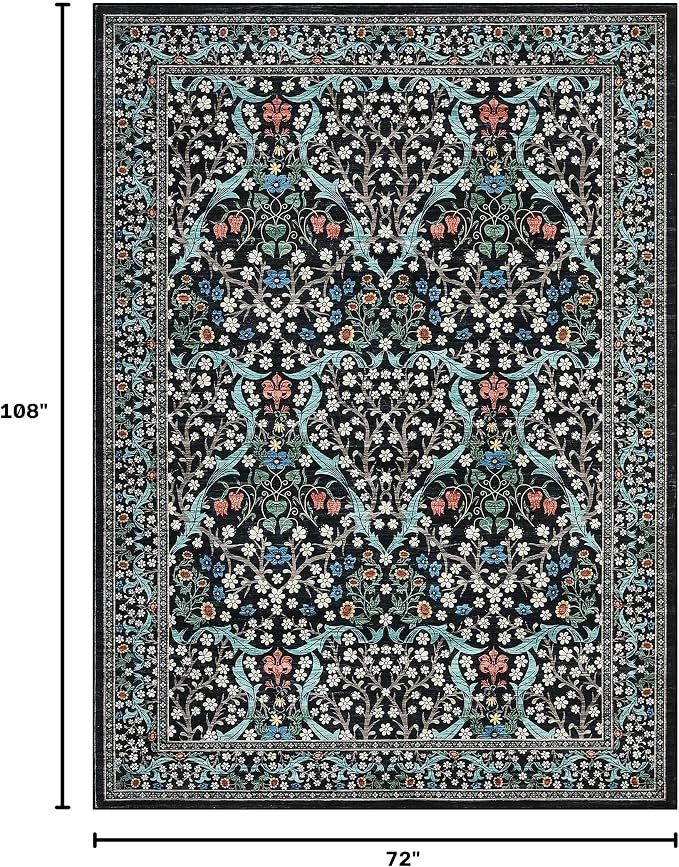GarveeHome 6x9 Washable Area Rug for Living Room, Floral Dining Room Rugs for Under Table, Low Pile Non-Slip Stain Resistance Floor Carpet for Bedroom, Black