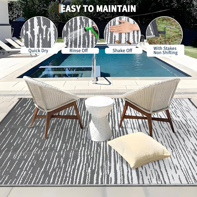 Garvee 5x8 Outdoor Rug Waterproof, Modern Striped Plastic Straw Rugs, Foldable Abstract Camping Rugs for Outside Your RV, Reversible UV Resistant Carpet for Backyard, Deck, Picnic, Beach, Porch, Grey