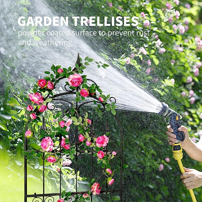 Trellis for Climbing Plants, 60" H x 21.7" W Heavy Duty Metal Trellis, 5FT Rustproof Black Iron Vine Support Trellis with Ground Stakes, Decorative Cupid Arrow Design for Roses, Vines