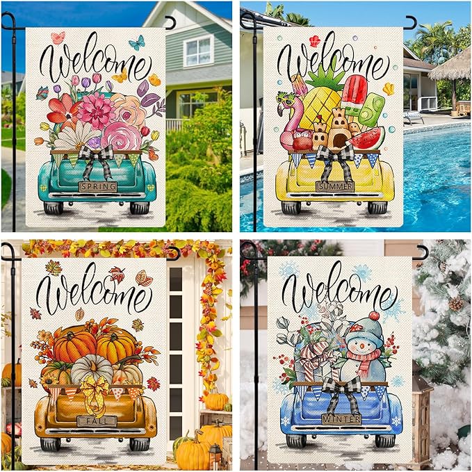 Rustic Truck Garden Flags for Outside Set of 12, Car Welcome Seasonal Garden Flags 12x18 Double Sided for All Seasons and Holidays, Winter Spring Outside Decorations for Yard