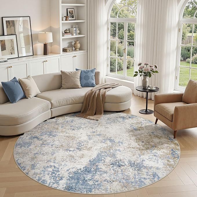 Nakagishi 6X6 Abstract Washable Area Rugs for Living Room-Blue Brown | Modern Non-Slip Silicone Backing Low Pile Soft Carpet for Bedroom Dining Decor Ideal for Families with Kids and Pets