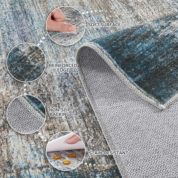 DMOYEST 8x10 Area Rug for Living Room Washable Abstract Indoor Carpet | Neutral Modern Low Pile Rugs Kid & Pet Friendly Large Soft Thin Carpet for Bedroom Dining Room - Dark Grey Blue