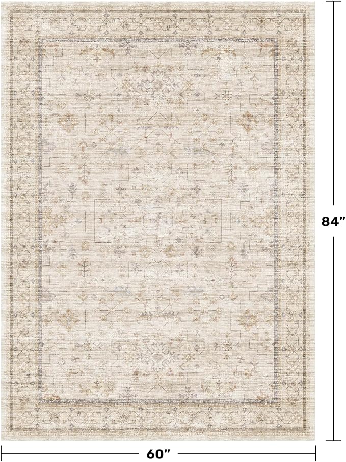 Washable Ivory 5x7 Rug for Bedroom, Home Office, Non Slip Dinning Rugs for Under Table, Low Pile Neutral Farmhouse Retro Living Room Carpet