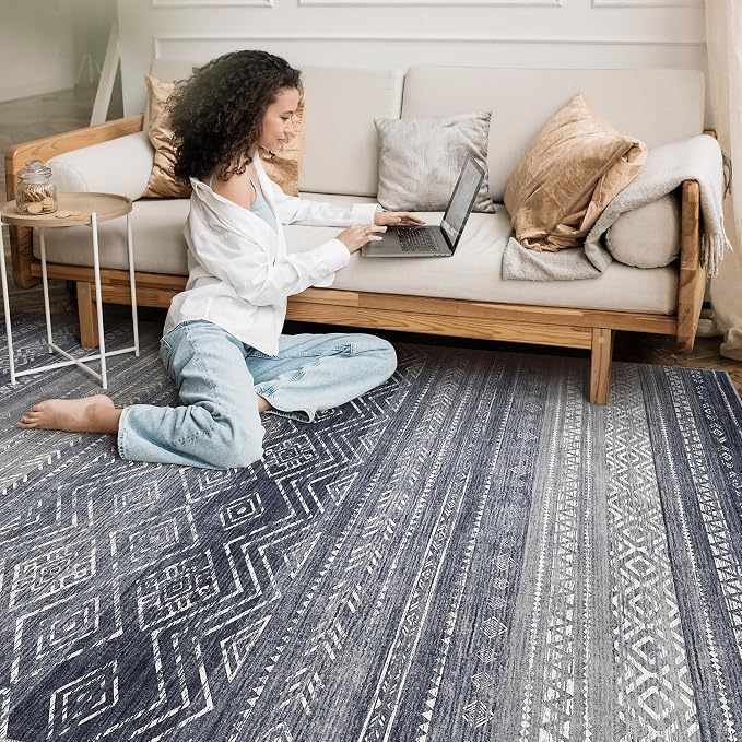 Tortania Area Rug Living Room Rugs- 12x15 Washable Large Soft Neutral Boho Moroccan Bohemian Farmhouse Rug Indoor Floor Carpet for Bedroom Under Dining Table Home Office Decor - Blue Gray