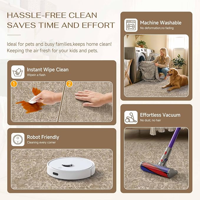 5x7 Light Brown Vintage Floral Washable Area Rug for Living Room | Low Pile, Non Slip, Retro Style, Soft Distressed Indoor Rug for Bedroom, Dining Room, Kitchen, Entrance, Home Decor