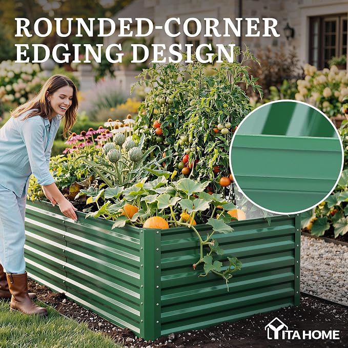 YITAHOME 6x3x2 ft 2pcs Galvanized Raised Garden Bed Kit, Large Metal Planter Box with Gloves & Support Rod, Outdoor Flower Bed for Plants Vegetables, Green