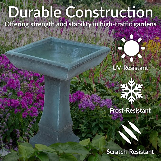 Sunnydaze 23” H Concrete Bird Bath for Outdoors - Simply Square Garden Bird Bath with Glass Fiber Reinforced Concrete Construction - Patina Green
