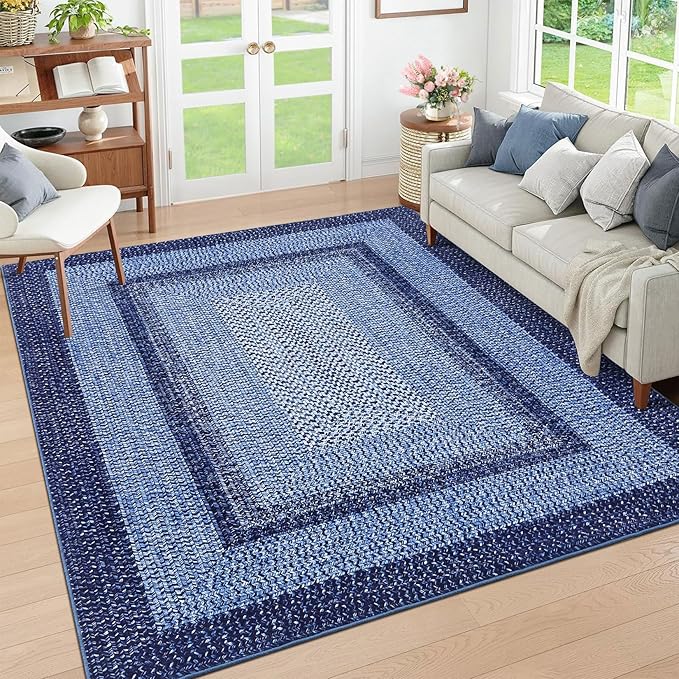 RUGSREAL 8x10 Washable Area Rug for Living Room with Rubber Backing | Stain Resistant Large Bedroom Throw Carpet Modern Geometric Floor Cover Modern Border Rug for Home Decor Office, Navy