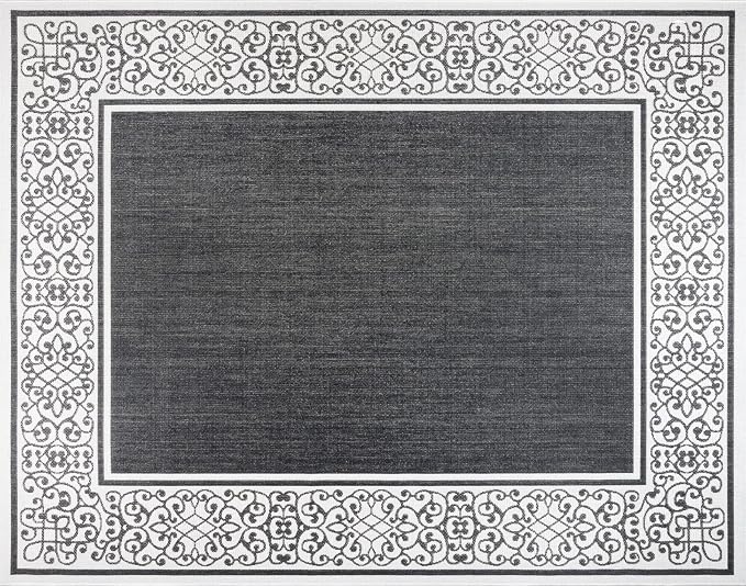 Gertmenian Indoor/Outdoor Flatweave Area Rug - 6x9 Medium, Stain & UV Resistant, Ideal For Deck, Patio, Poolside, Mudroom - Abstract Border, Black White, 22945