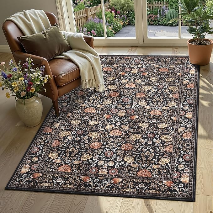 GarveeHome Dark Brown Floral 3x5 Area Rug for Nursery Bedroom | Washable Dorm Rug Entryway Doormat Vintage Boho Rugs Low-Pile Non-Slip Stain Resistant TPE Backing