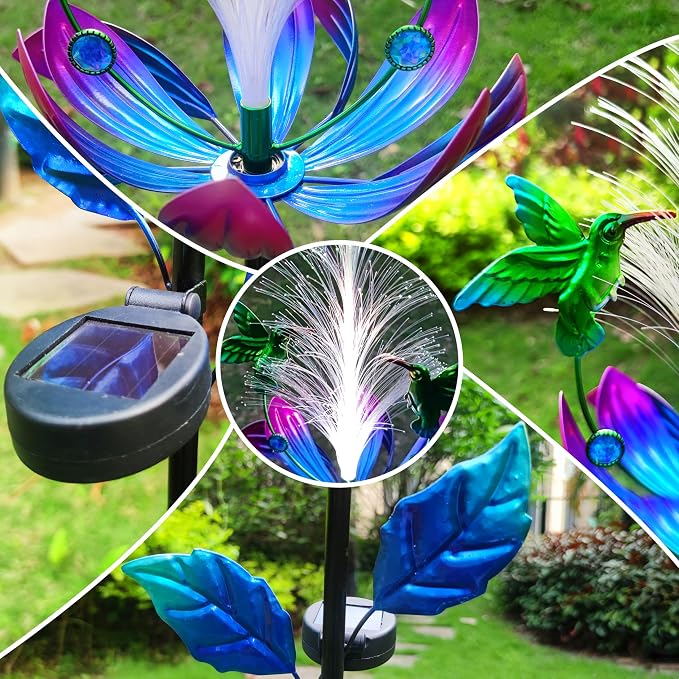 Solar Hummingbird Wind Spinners, Solar Firework Lights Garden Décor, Metal Lotus Flower Windmill Colour Changing Optical Fiber Lights Yard Decoration, Outdoor Wind Sculpture for Lawn Patio,Balcony