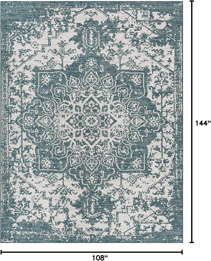 Unique Loom Outdoor Collection Area Rug - Dubai (9' x 12' Rectangle, Teal/ Ivory)