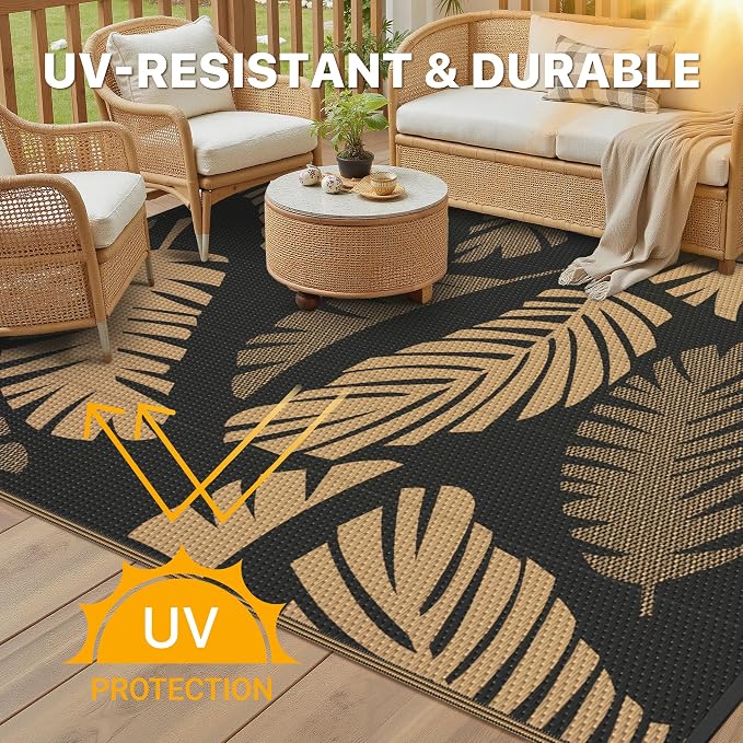 GENIMO Waterproof Outdoor Rug 5' x 8' for Patio Decor, Reversible Plastic Straw Area Rugs for Camping Clearance, RV Mat, Large Outside Carpet for Porch, Deck, Picni, Balcony, Garden, Black & Brown