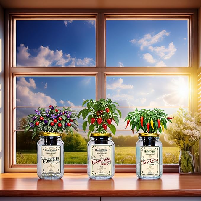 Micro Pepper Mason Jar Garden Kit (3 Pack) – Thai Chili, Filius Blue & Mini Red Bell Pepper – Indoor Hydroponic Pepper Grow Kit – Windowsill Vegetable Garden Starter Kit