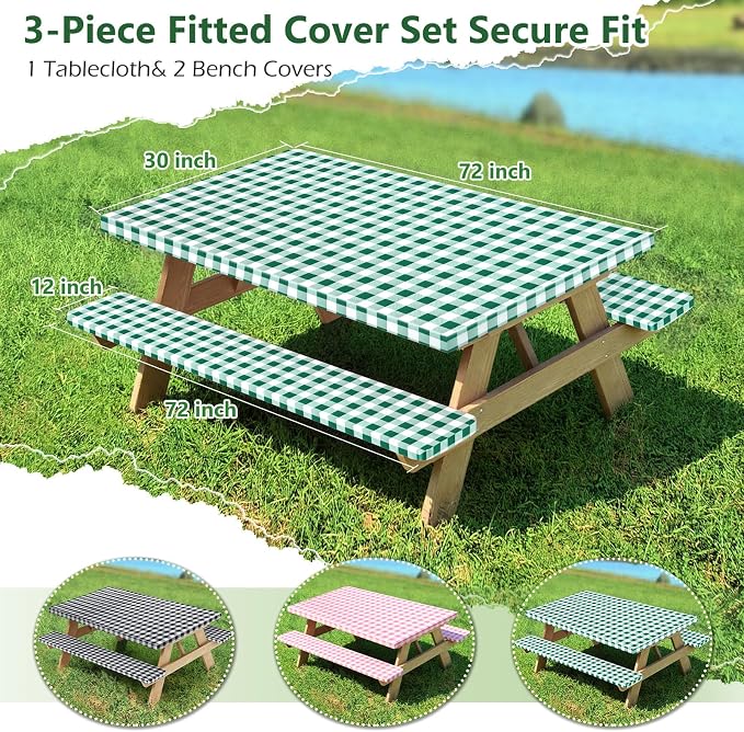 Picnic Table Cover with Bench Covers and Bag, Camping Table Camping Essentials Cover with Elastic Edges, 72x30 Inches 3 Pcs Set (Green)