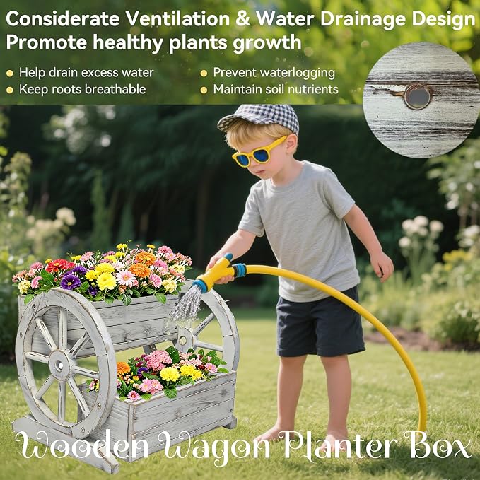 2 Tier Classic Wooden Wagon Planter Box|Outdoor Planter/Flower Pot for Indoor&Outdoor Plants-Rustic Garden Planter for Patio,Porch&Garden Decor- Raised Garden Bed for Succulents,Herbs,Vegetables