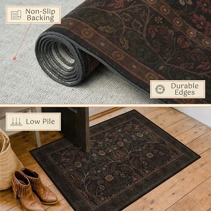 Dark Brown Washable Non Slip Hallway Runner Rug 2'6"x12' - 12ft Extra Long Kitchen Runner Rugs Farmhouse Entryway Indoor Décor Botanical & Sunflower Accents Low Pile Stain Resistant