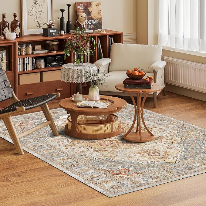 Washable Area Rug 4' x 6' Vintage Traditional Persian Mat - Foldable Distressed Non-Slip Machine Washable Carpet for Living Room Bedroom Kitchen Home Decor - Dove Gray and Coral