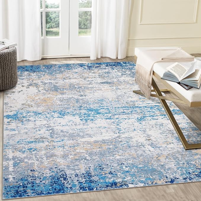 ROYHOME 9x12 Modern Abstract Accent Rug, Blue/Grey | Non Slip Stain Resistant Throw Rug Low Pile Machine Washable Indoor Floor Cover for Bedroom Living Room Office Home Decor