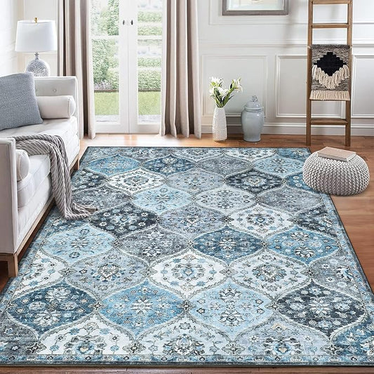 ROYHOME 8x10 Area Rug Moroccan Trellis Machine Washable Rug, Blue/Grey | Vintage Medallion Distressed Indoor Accent Rug Stain Resistant Non-Slip Floor Cover Carpet for Living Room Bedroom