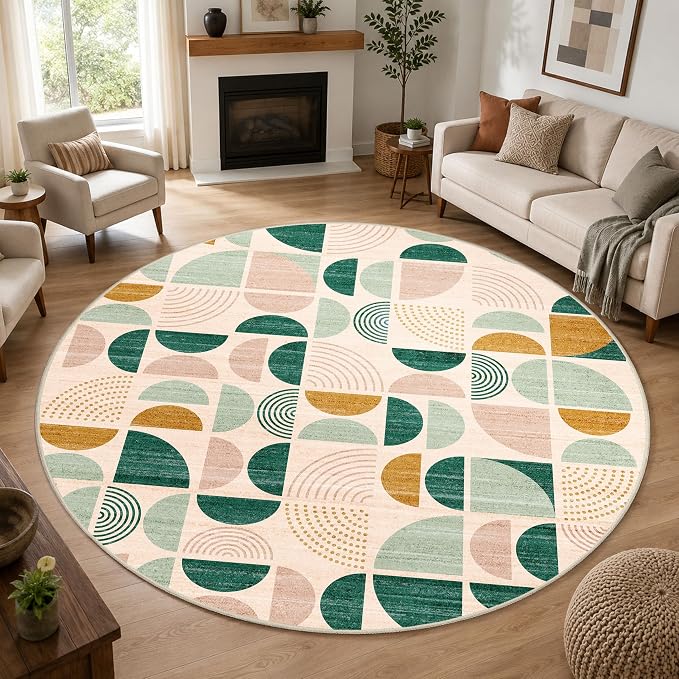 Round Rugs 9ft,Circle Area Rug Washable Non Slip Modern Abstract | Circular Rugs for Living Room Dining Room Boho Large Throw Carpet Soft Low Pile Floor Indoor Bohemian Sage Green